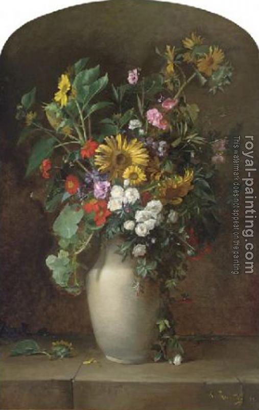 Alfred Renaudin : Sunflowers, roses, and other summer blooms in a vase on a stone ledge